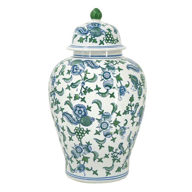 Ваза с крышкой и зелено-голубым цветочным узором на белом фоне Blue & White Ornament Белый Синий Ваза с крышкой и зелено-голубым цветочным узором на белом фоне Blue & White Ornament Белый Синий в Кирове | Loft Concept