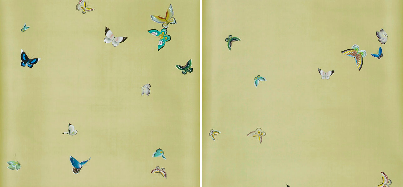 Обои ручная роспись Butterflies Special Colourway on Pea Green dyed silk - фото