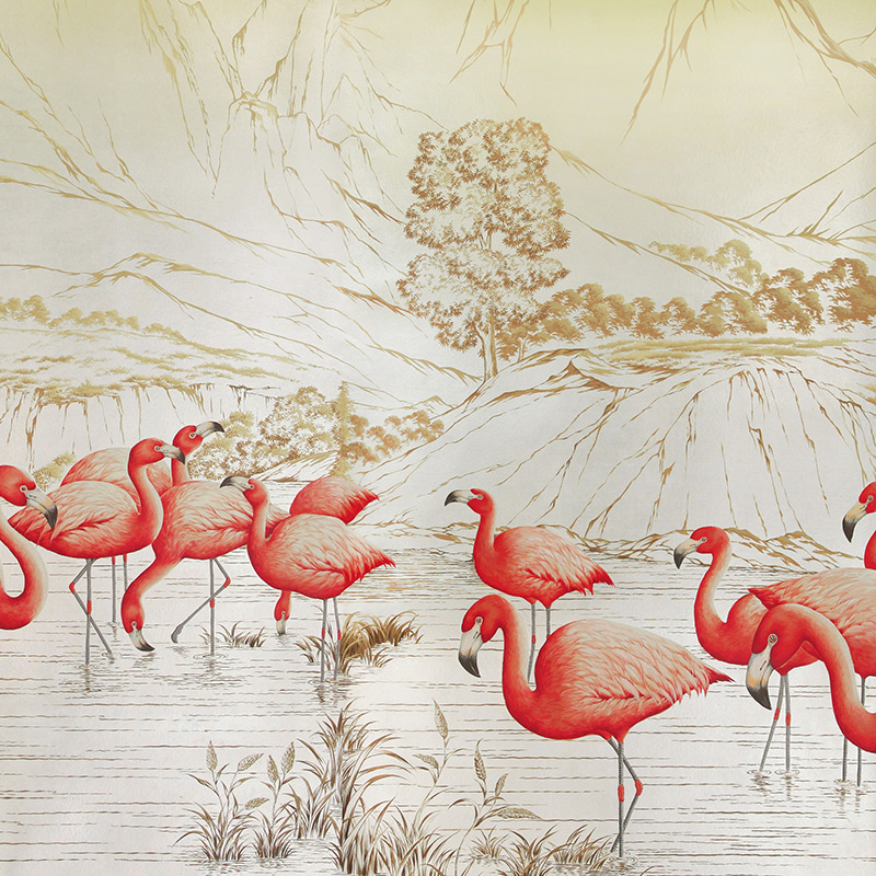Обои ручная роспись Flamingos Colourway SC-120 on Sterling Silver gilded Xuan paper Обои ручная роспись Flamingos Colourway SC-120 on Sterling Silver gilded Xuan paper в Кирове | Loft Concept