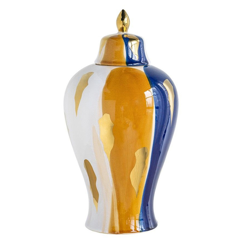 Ваза с крышкой и мазками синего и золого цвета на белом фоне Chinoiserie Ceramics Белый Оранжевый Золотой Синий Ваза с крышкой и мазками синего и золого цвета на белом фоне Chinoiserie Ceramics Белый Оранжевый Золотой Синий в Кирове | Loft Concept