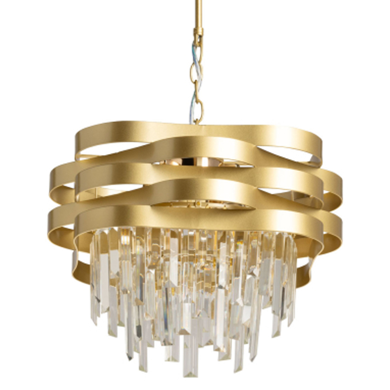 Люстра цвета матового золота с металлическими лентами и длинными прозрачными подвесками Gilded Waves Золотой Прозрачный в Кирове | Loft Concept 