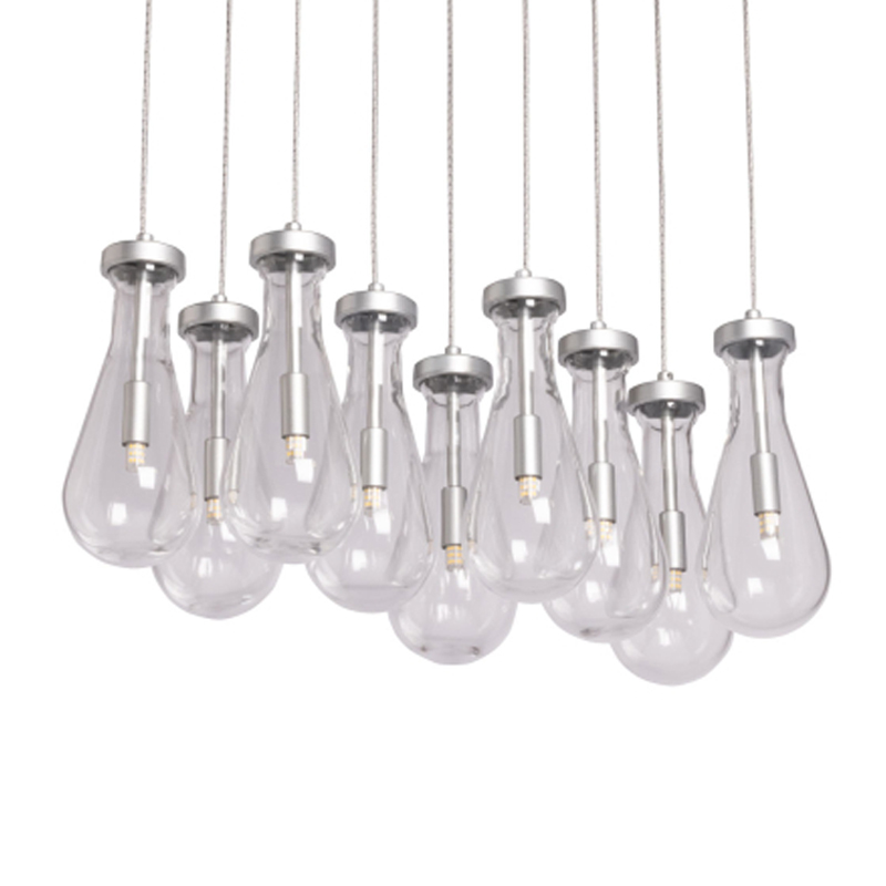 Люстра с 9-ю прозрачными плафонами из стекла в форме капли на прямоугольном потолочном основании цвета хром Lucid Rain  Серебряный Прозрачный в Кирове | Loft Concept 