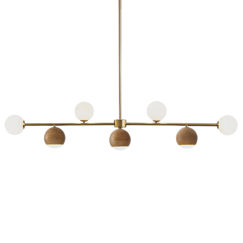Линейная люстра Theo Metal Wooden Linear Chandelier Коричневый Латунь Белое матовое стекло Линейная люстра Theo Metal Wooden Linear Chandelier Коричневый Латунь Белое матовое стекло в Кирове | Loft Concept