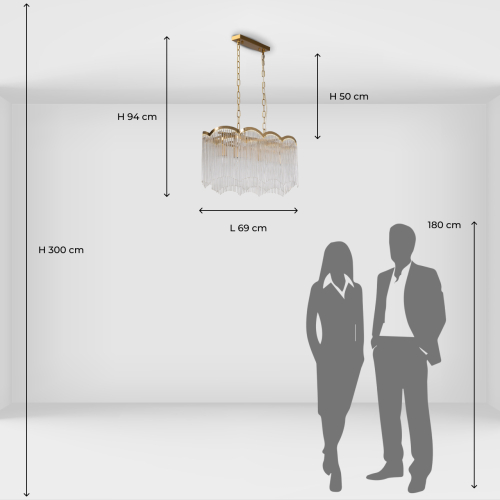 Люстра прямоугольная на цепях с прозрачными трубками и волнистым краем Nembus в Кирове