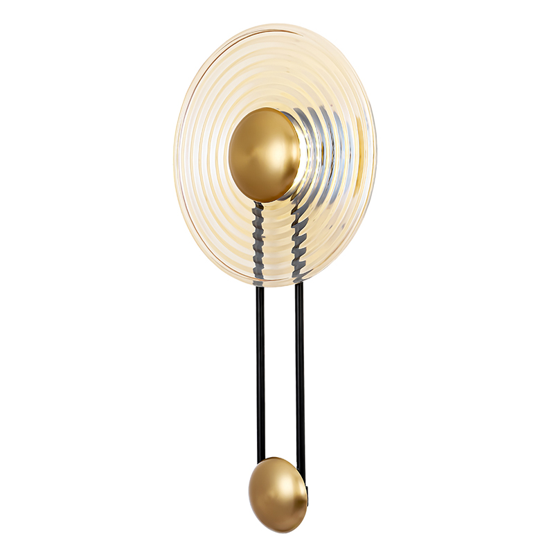 Бра с круглым рифленым плафоном янтарного цвета Savio Glass Disc Light Латунь Черный Янтарный Бра с круглым рифленым плафоном янтарного цвета Savio Glass Disc Light Латунь Черный Янтарный в Кирове | Loft Concept