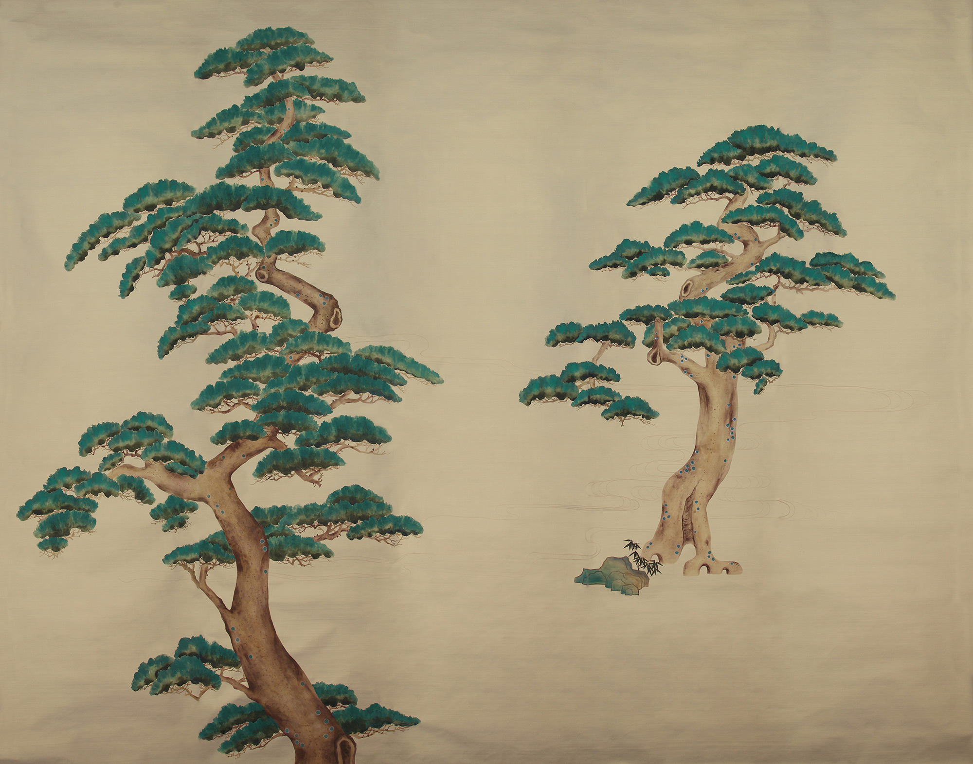 Обои ручная роспись Pine Trees Original colourway on New Faint Gold metallic silk Обои ручная роспись Pine Trees Original colourway on New Faint Gold metallic silk - постер Loft-Concept в Кирове