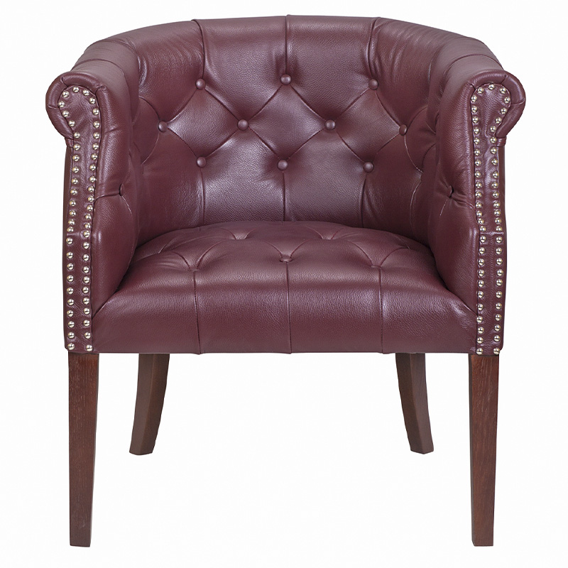 Кресло низкое из натуральной кожи на 4-х деревянных ножках из массива бука Chloe Leather Armchair vine Бордовый Коричневый в Кирове | Loft Concept 