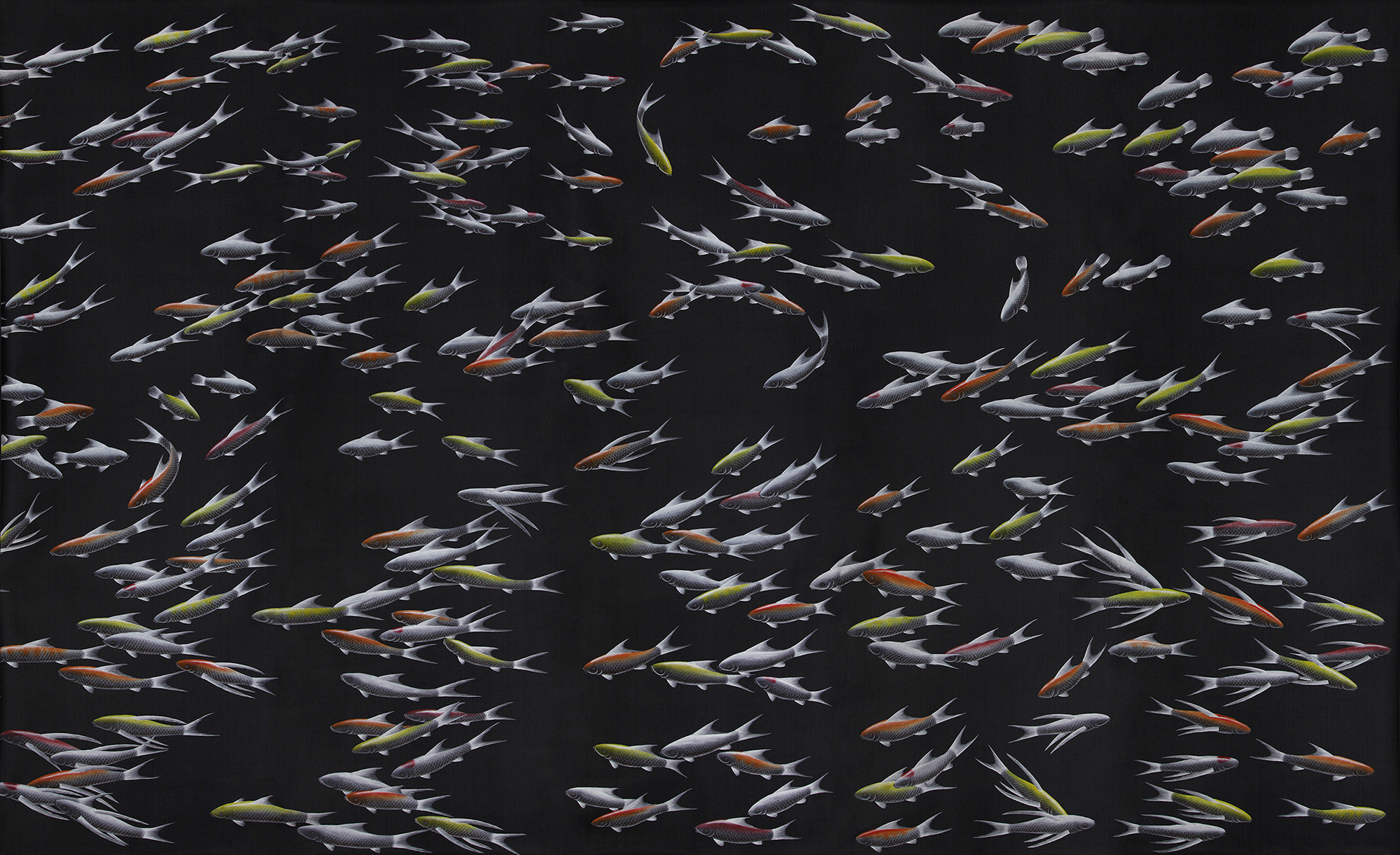 Обои ручная роспись Fishes Koi on Pitch dyed silk - постер Loft-Concept в Кирове