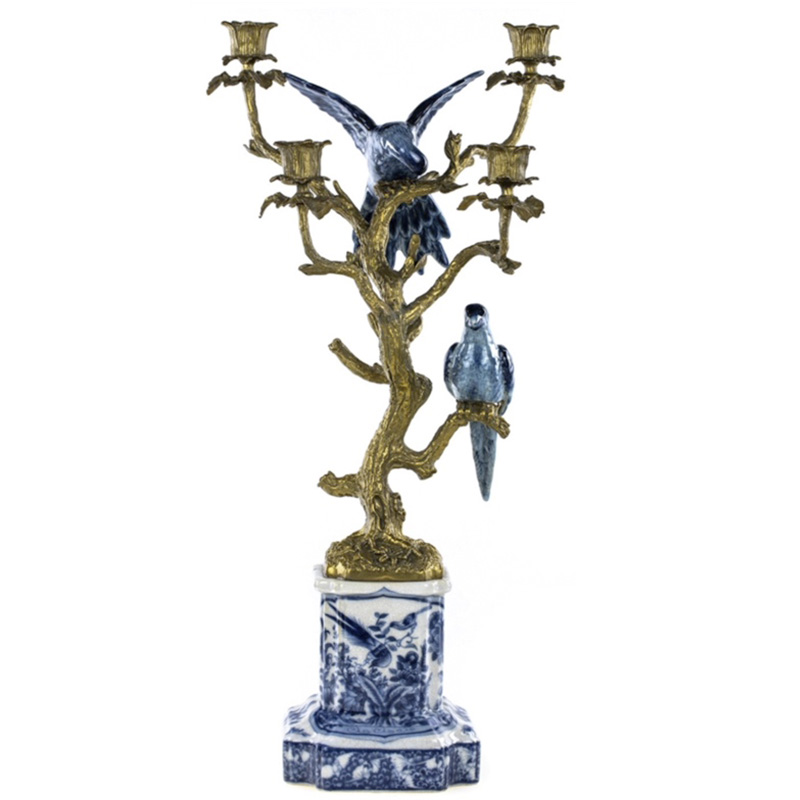 Подсвечник Blue & White Porcelain Bronze Parrots Белый Синий Бронза Подсвечник Blue & White Porcelain Bronze Parrots Белый Синий Бронза в Кирове | Loft Concept