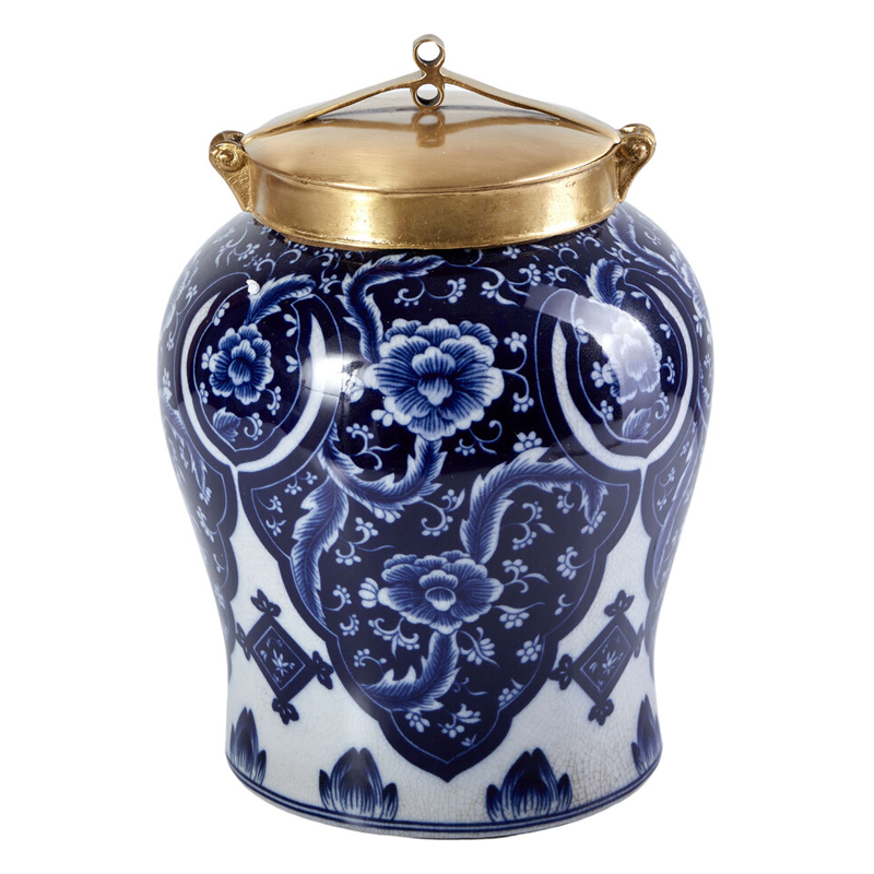 Ваза с насыщенным синим орнаментом и золотой крышкой Blue & White Ornament Белый Синий Золотой Ваза с насыщенным синим орнаментом и золотой крышкой Blue & White Ornament Белый Синий Золотой в Кирове | Loft Concept