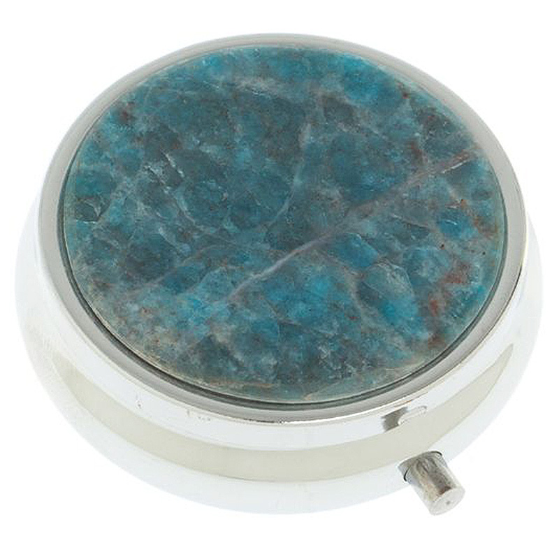 Таблетница карманная круглая с 3-мя отделениями и накладкой из натурального камня Апатит Голубой Silver Stone Pillboxes Голубой Серебряный в Кирове | Loft Concept 