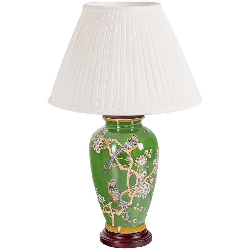 Настольная лампа с абажуром Birds Green Chinoiserie Lampshade Зеленый Белый Коричневый Настольная лампа с абажуром Birds Green Chinoiserie Lampshade Зеленый Белый Коричневый в Кирове | Loft Concept
