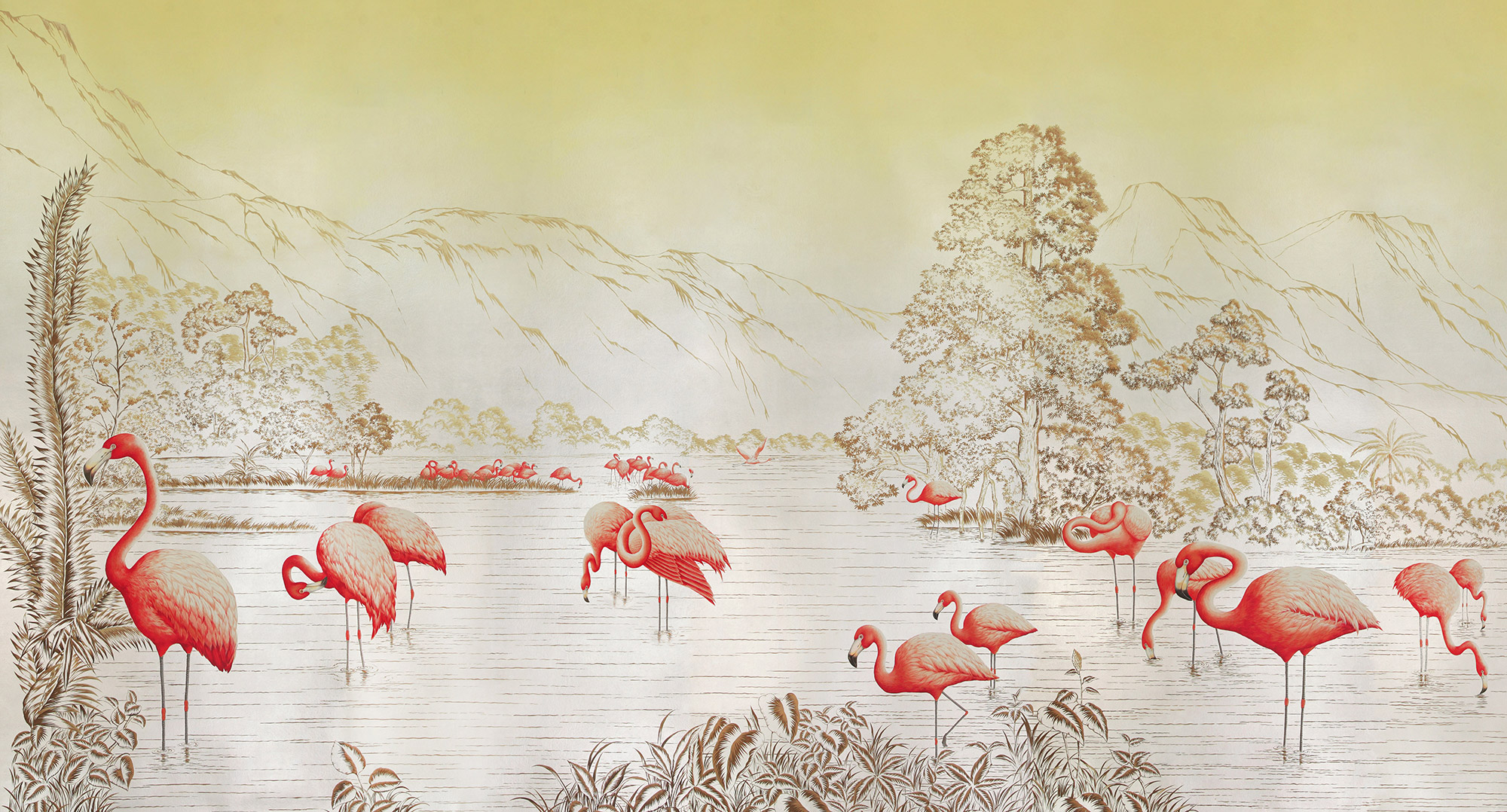 Обои ручная роспись Flamingos Colourway SC-120 on Sterling Silver gilded Xuan paper Обои ручная роспись Flamingos Colourway SC-120 on Sterling Silver gilded Xuan paper - постер Loft-Concept в Кирове