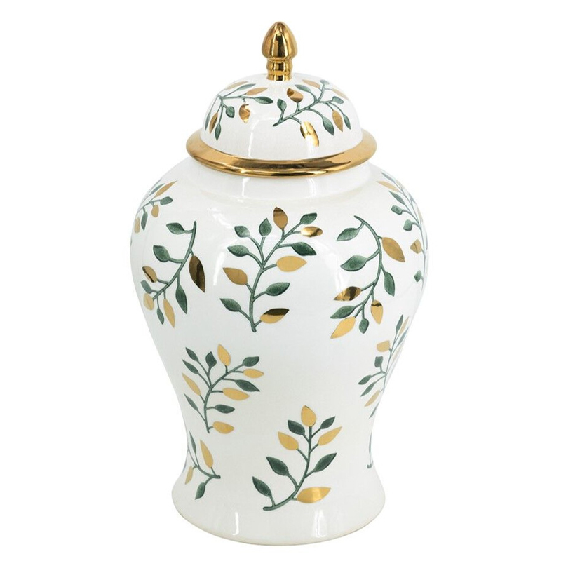 Ваза белая с крышкой с рисунком зеленых и золотых листьев 48 см Chinoiserie Ceramics Белый Зеленый Золотой Ваза белая с крышкой с рисунком зеленых и золотых листьев 48 см Chinoiserie Ceramics Белый Зеленый Золотой в Кирове | Loft Concept