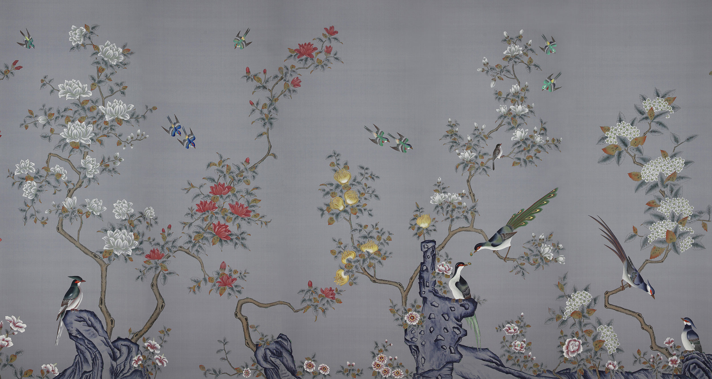 Обои ручная роспись Japanese Garden Original colourway on Gun Metal dyed silk Обои ручная роспись Japanese Garden Original colourway on Gun Metal dyed silk - постер Loft-Concept в Кирове