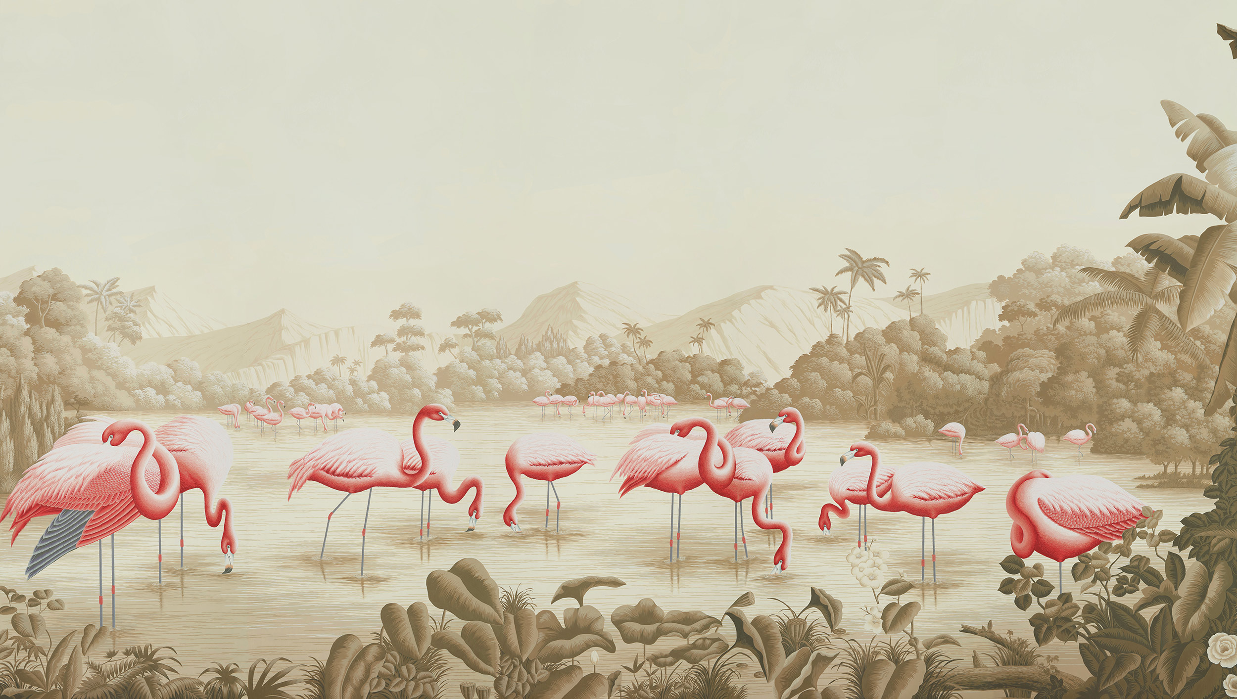 Обои ручная роспись Flamingos Flamingo on Sepia scenic paper Обои ручная роспись Flamingos Flamingo on Sepia scenic paper - постер Loft-Concept в Кирове