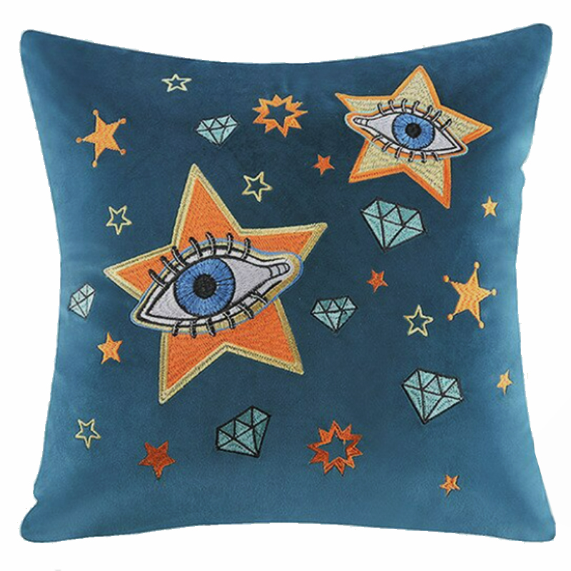 Голубая Подушка с Вышивкой Eyes and Stars Синий Оранжевый в Кирове | Loft Concept 