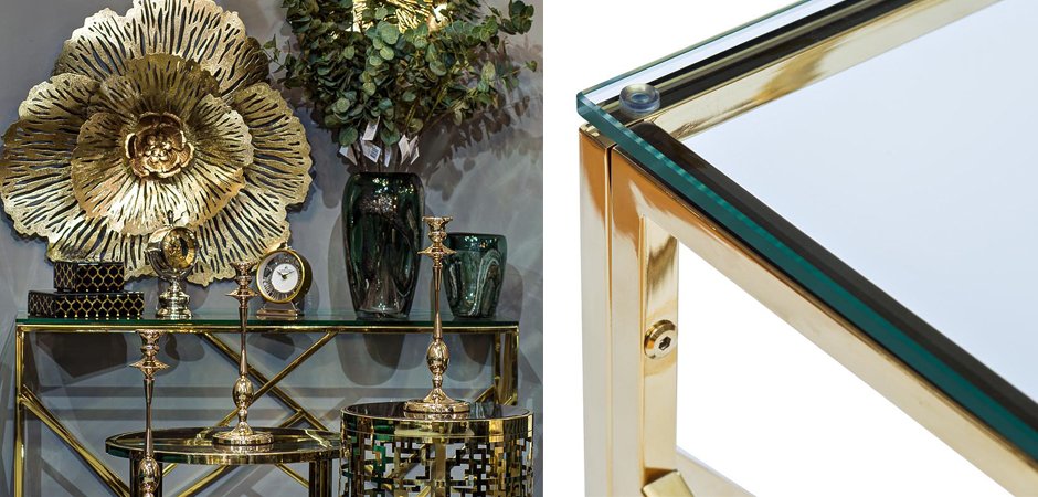 Консоль Serene Furnishing Gold Clear Glass Top Console Консоль Serene Furnishing Gold Clear Glass Top Console - Loft-Concept в Кирове