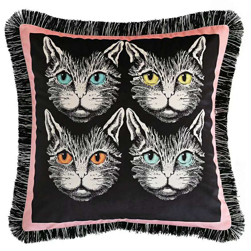 Декоративная подушка с вышивкой Cтиль Gucci Four Cats Черный Розовый Белый Декоративная подушка с вышивкой Cтиль Gucci Four Cats Черный Розовый Белый в Кирове | Loft Concept