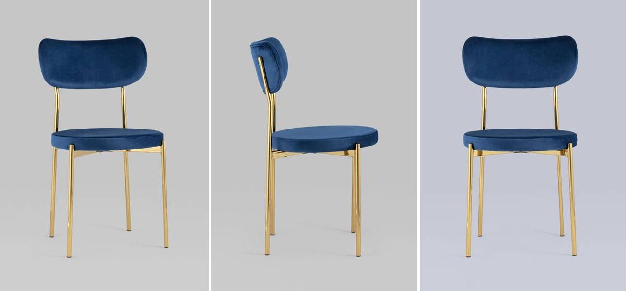Стул Alfie Chair Золотые ножки Синий Велюр - фото