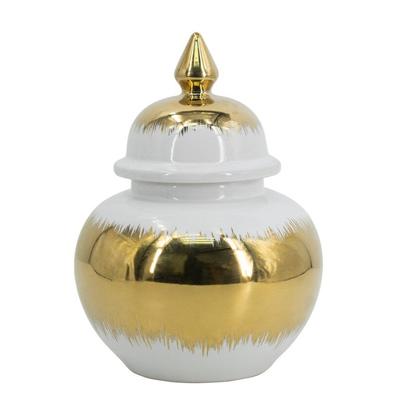 Ваза белая с крышкой и золотистыми фрагментами 24 см Chinoiserie Ceramics Белый Золотой в Кирове | Loft Concept 