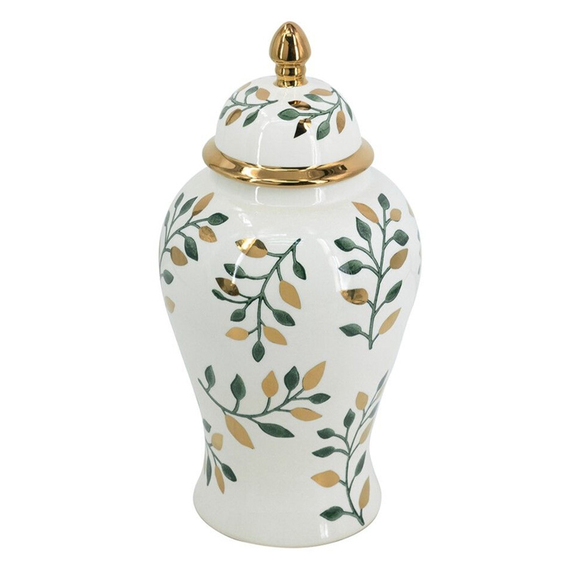 Ваза белая с крышкой с рисунком зеленых и золотых листьев 40 см Chinoiserie Ceramics Белый Зеленый Золотой Ваза белая с крышкой с рисунком зеленых и золотых листьев 40 см Chinoiserie Ceramics Белый Зеленый Золотой в Кирове | Loft Concept