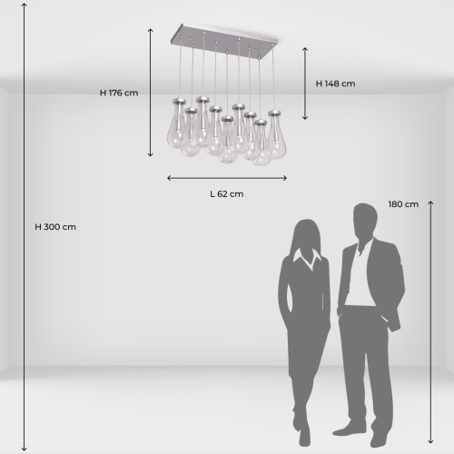 Люстра с 9-ю прозрачными плафонами из стекла в форме капли на прямоугольном потолочном основании цвета хром Lucid Rain  в Кирове