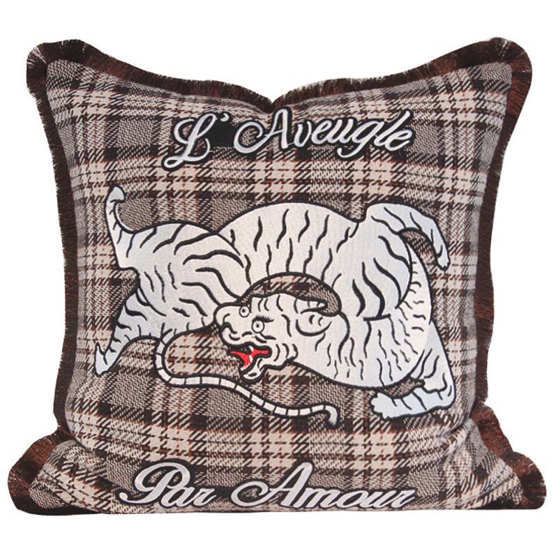 Декоративная подушка с вышивкой Стиль Gucci Plaid Print Tiger Cushion Коричневый Бежевый Красный Декоративная подушка с вышивкой Стиль Gucci Plaid Print Tiger Cushion Коричневый Бежевый Красный в Кирове | Loft Concept