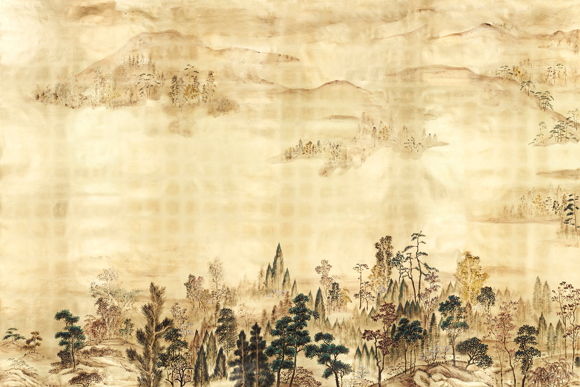 Обои ручная роспись Mountains Above Clouds Original colourway on Deep Rich Gold gilded paper Обои ручная роспись Mountains Above Clouds Original colourway on Deep Rich Gold gilded paper - постер Loft-Concept в Кирове