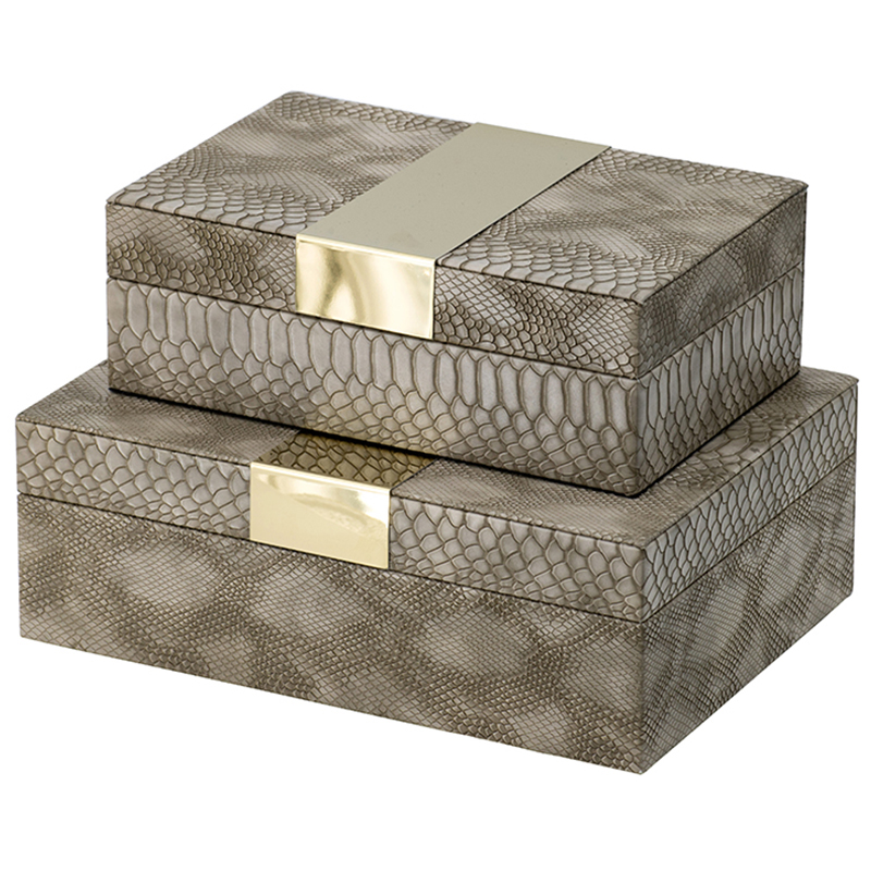 Комплект шкатулок Imitation Snakeskin Boxes Бежево-серый Глянцевое золото Комплект шкатулок Imitation Snakeskin Boxes Бежево-серый Глянцевое золото в Кирове | Loft Concept