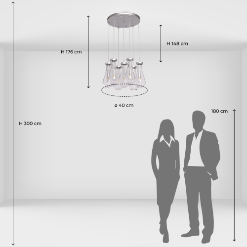 Люстра с 7-ю прозрачными плафонами из стекла в форме капли на круглом потолочном основании цвета хром Lucid Rain  в Кирове