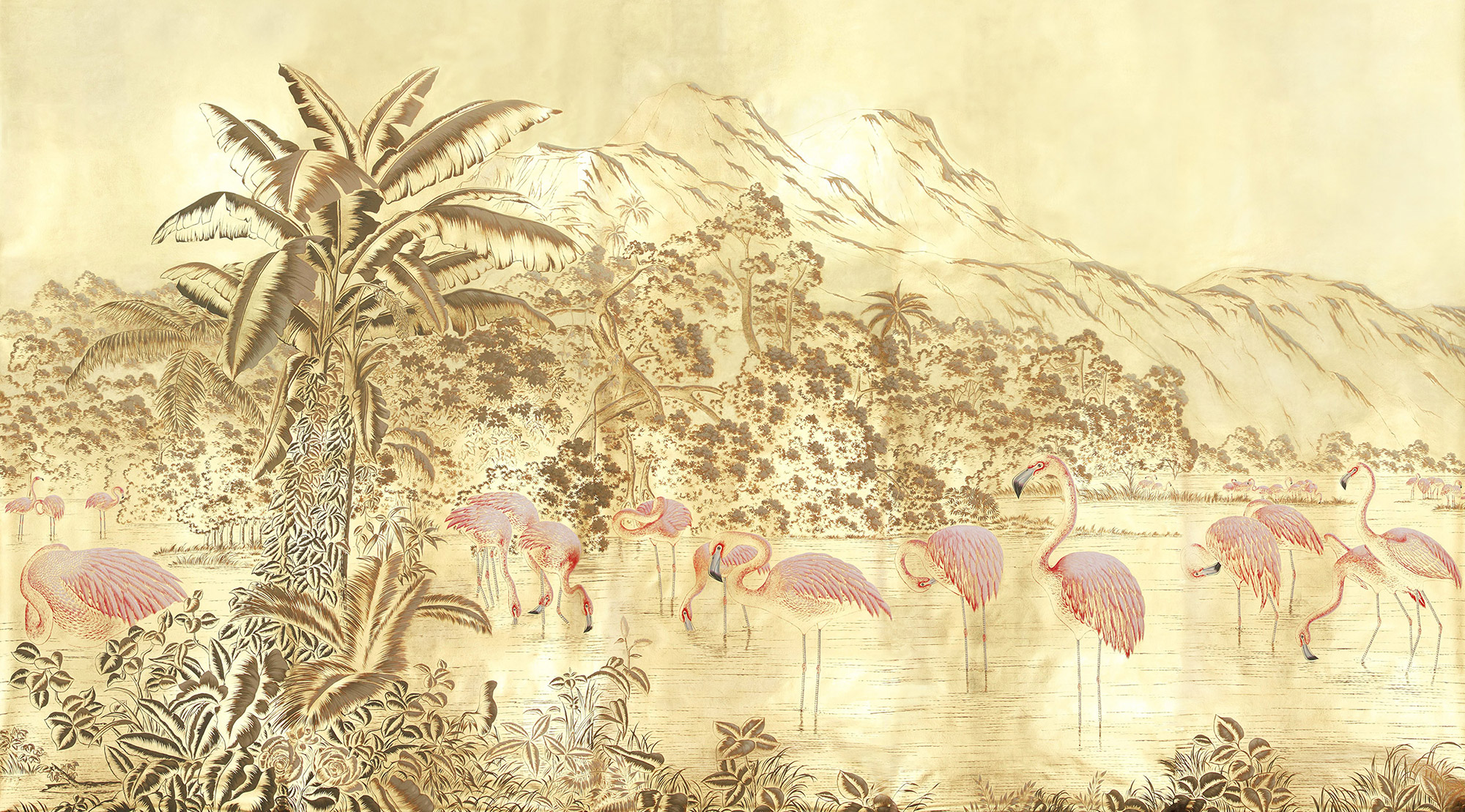 Обои ручная роспись Flamingos Flamingo on Deep Rich Gold gilded paper Обои ручная роспись Flamingos Flamingo on Deep Rich Gold gilded paper - постер Loft-Concept в Кирове