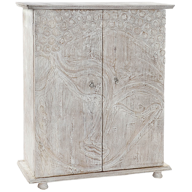 Комод деревянный с декорированным резными дверцами Buddha Chest of Drawers Белый Бежево-серый Комод деревянный с декорированным резными дверцами Buddha Chest of Drawers Белый Бежево-серый в Кирове | Loft Concept