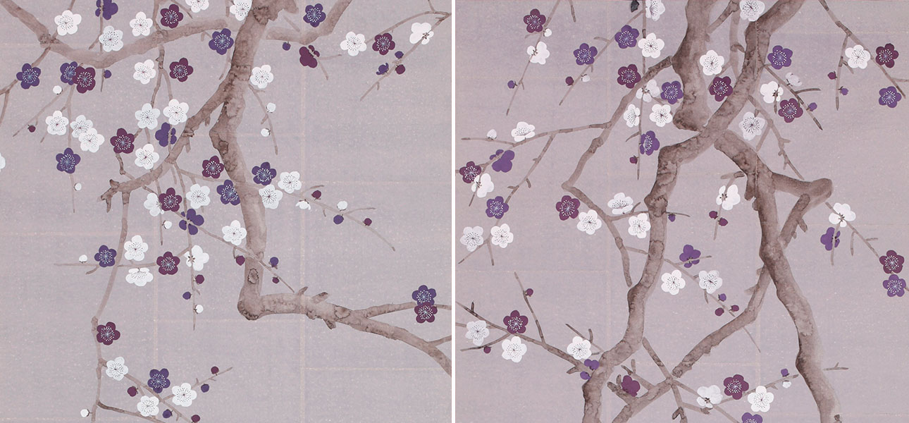 Обои ручная роспись Plum Blossom Lavender on Rich Mauve India tea paper - фото