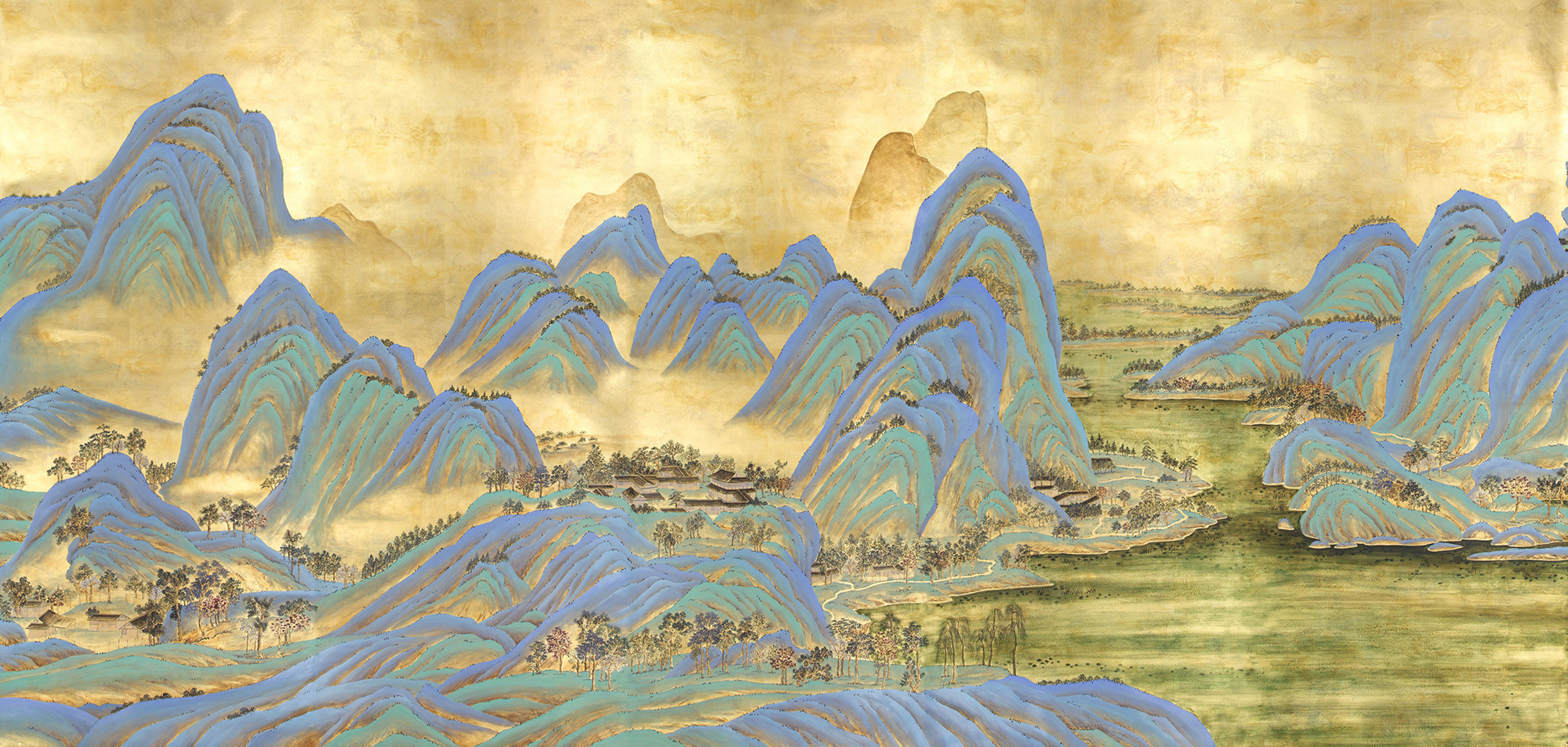 Обои ручная роспись A Thousand Li of Rivers and Mountains Original colourway on Deep Rich Gold gilded paper with gold pearlescent antiquing Обои ручная роспись A Thousand Li of Rivers and Mountains Original colourway on Deep Rich Gold gilded paper with gold pearlescent antiquing - постер Loft-Concept в Кирове