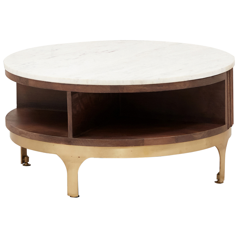 Круглый кофейный стол Sadie Round Coffee Table Белый Коричневый Латунь Круглый кофейный стол Sadie Round Coffee Table Белый Коричневый Латунь в Кирове | Loft Concept
