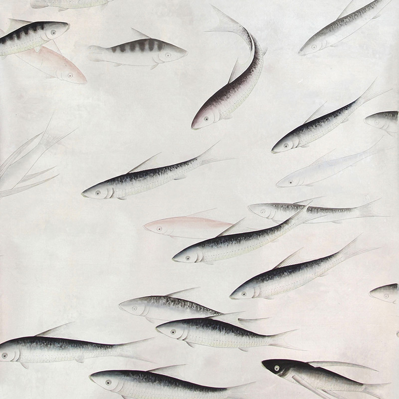Обои ручная роспись Fishes Blue Pearl on Tarnished Silver gilded silk with pearlescent antiquing Обои ручная роспись Fishes Blue Pearl on Tarnished Silver gilded silk with pearlescent antiquing в Кирове | Loft Concept