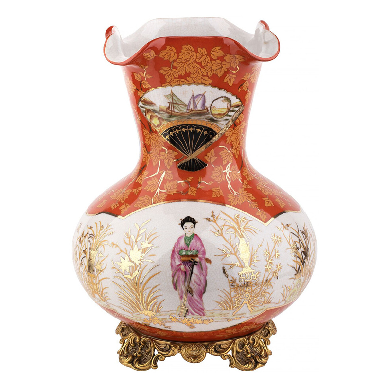 Ваза красного цвета с рисунком Chinoiserie Ceramics Белый Красный Бронза Ваза красного цвета с рисунком Chinoiserie Ceramics Белый Красный Бронза в Кирове | Loft Concept