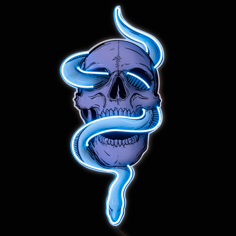 Неоновая настенная лампа Skull and Snake Neon Wall Lamp Голубой Фиолетовый Неоновая настенная лампа Skull and Snake Neon Wall Lamp Голубой Фиолетовый в Кирове | Loft Concept