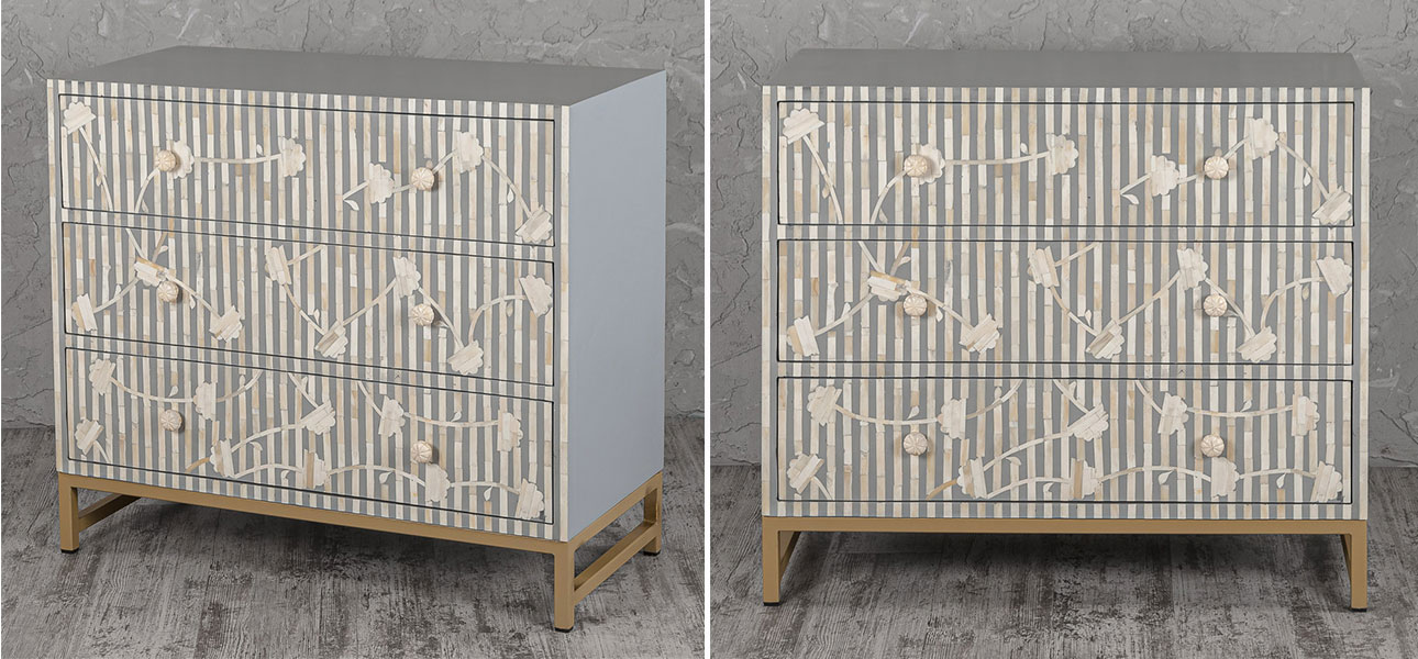 Комод белый инкрустация костью Gray Flowers - фото