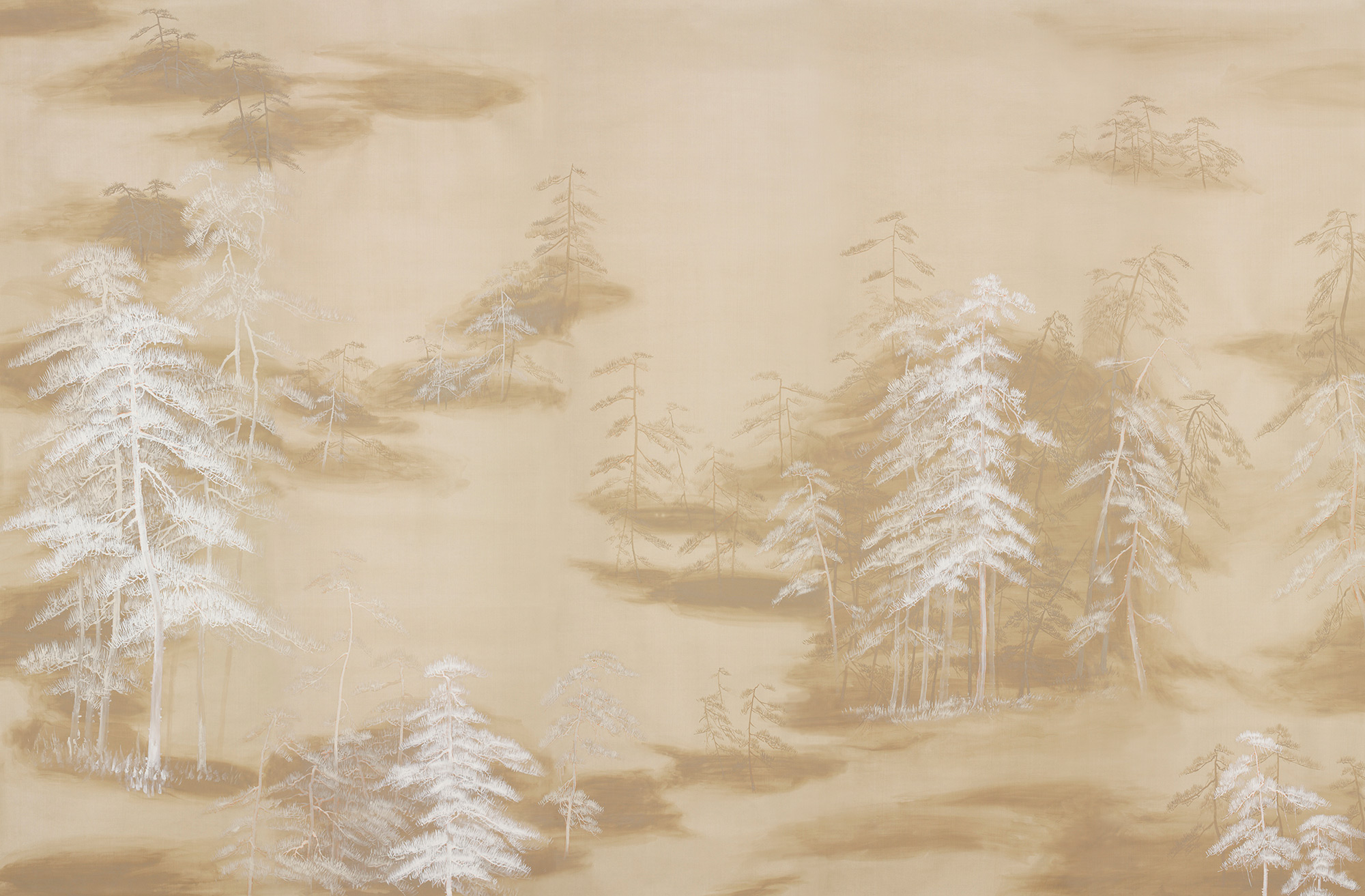 Обои ручная роспись Abstract Pines Original colourway on Stone Ochre dyed silk Обои ручная роспись Abstract Pines Original colourway on Stone Ochre dyed silk - постер Loft-Concept в Кирове