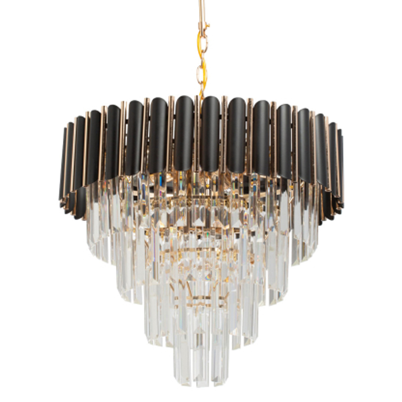 Люстра из черного металла с многоярусными подвесками из прозрачного хрусталя на золотой цепи Empire Black Chandelier Crystal Золотой Прозрачный Черный в Кирове | Loft Concept 