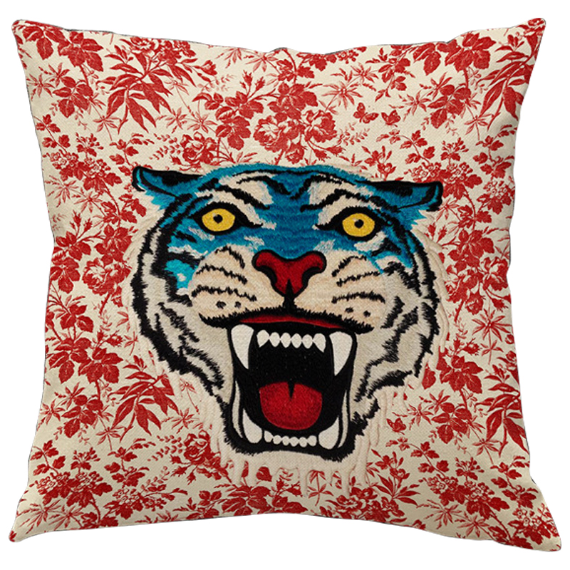 Декоративная подушка Стиль Gucci Blue Tiger Красный Бежевый Голубой Мульти Декоративная подушка Стиль Gucci Blue Tiger Красный Бежевый Голубой Мульти в Кирове | Loft Concept