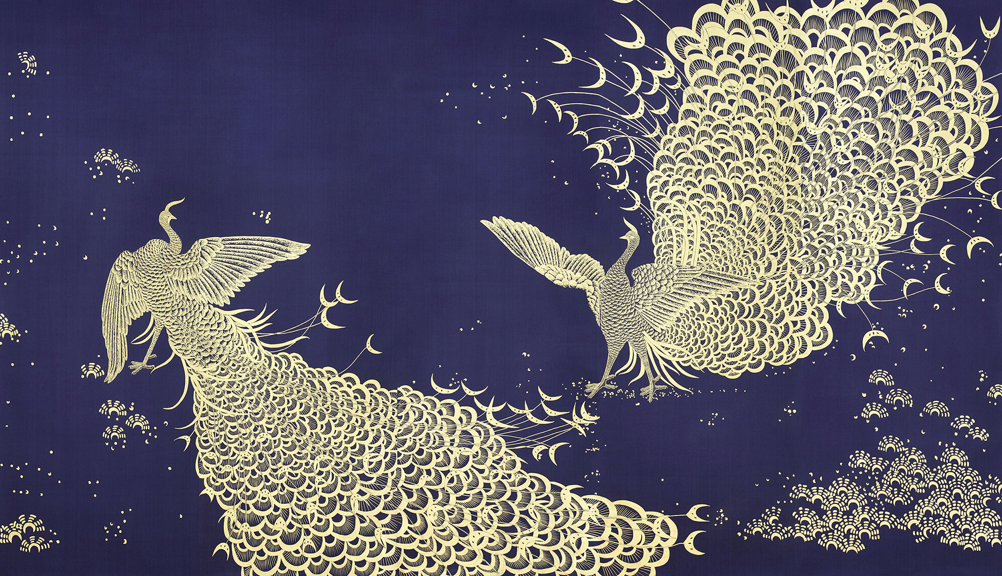 Обои ручная роспись в стиле Арт-деко Whistler Peacocks Colourway SC-100 on Empire Blue dyed silk - постер Loft-Concept в Кирове