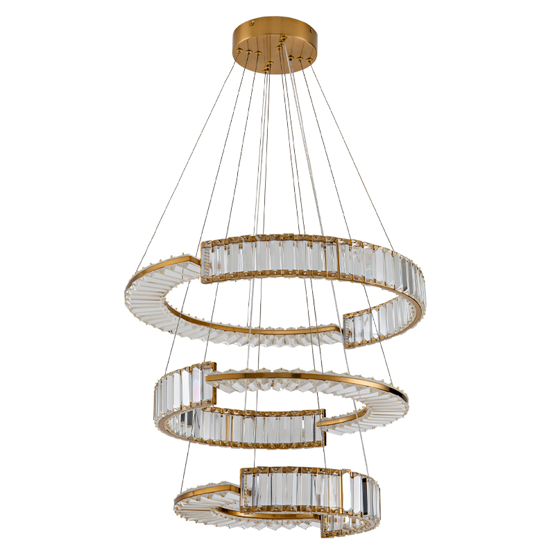 Светодиодная трехъярусная кольцевая люстра из хрусталя и стали с пультом для регулировки света Maude Crystal Light Латунь Прозрачный в Кирове | Loft Concept 