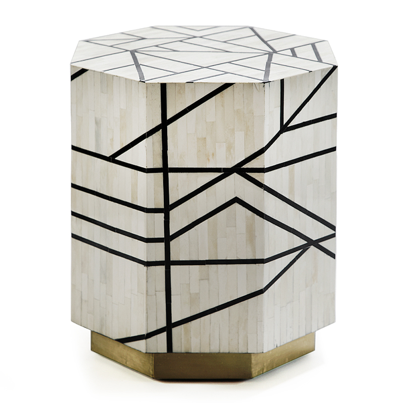 Приставной столик с инкрустацией Black and White Geometry bone bedside table ivory ( слоновая кость ) Черный в Кирове | Loft Concept 
