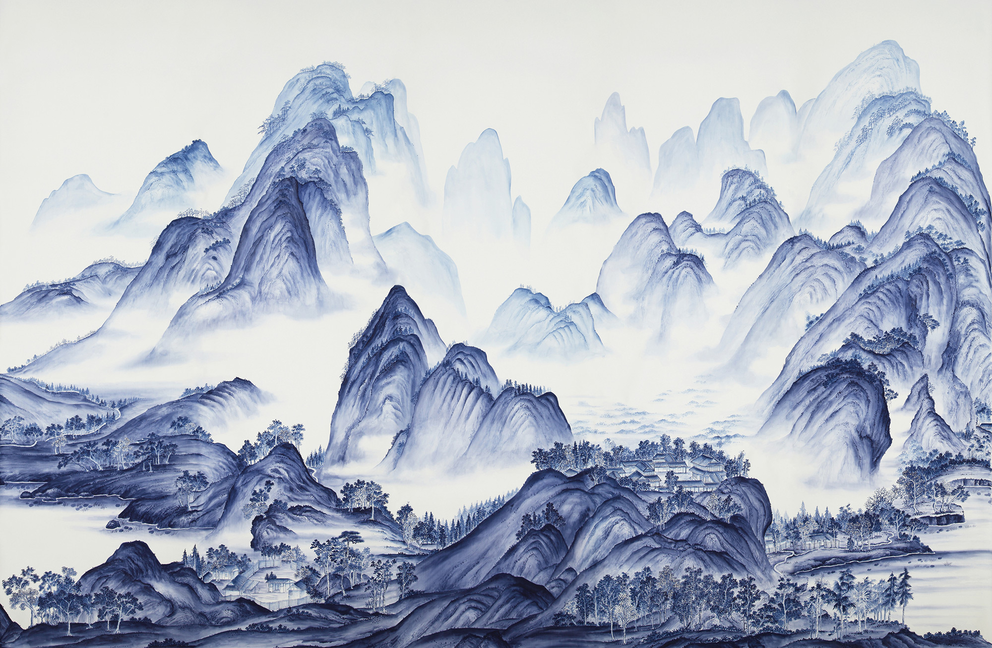 Обои ручная роспись A Thousand Li of Rivers and Mountains Delft on Bleached White dyed silk Обои ручная роспись A Thousand Li of Rivers and Mountains Delft on Bleached White dyed silk - постер Loft-Concept в Кирове