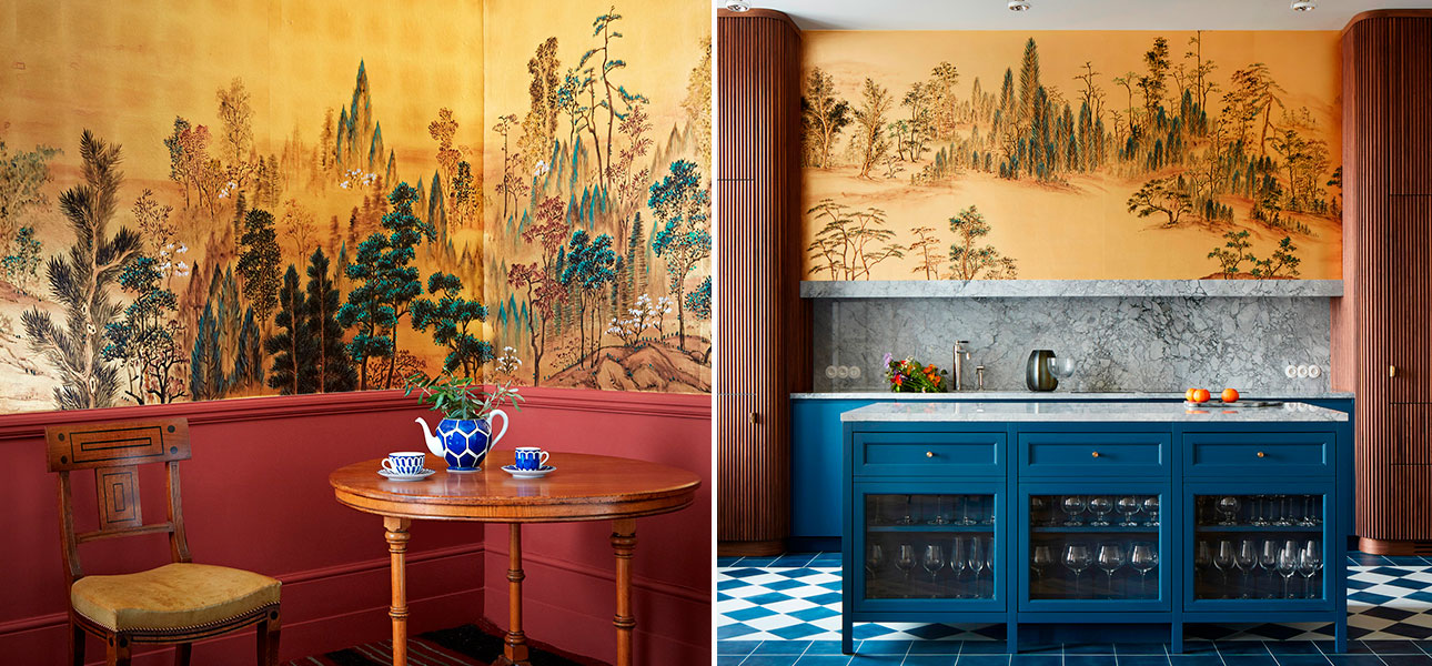 Обои ручная роспись Mountains Above Clouds Original colourway on Deep Rich Gold gilded paper - фото №1