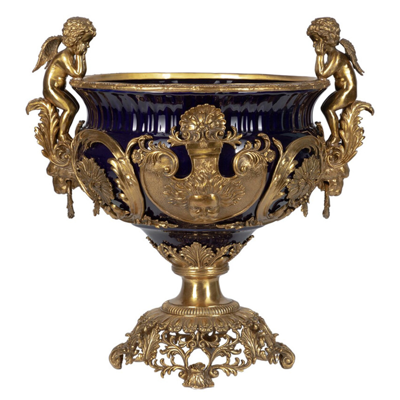 Чаша темно-синего цвета с фигурками ангелов и рельефным декором Eden Garden porcelain and bronze Темно-синий Бронза Чаша темно-синего цвета с фигурками ангелов и рельефным декором Eden Garden porcelain and bronze Темно-синий Бронза в Кирове | Loft Concept