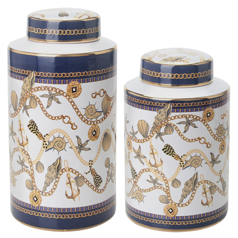Ваза с крышкой Marine Motif Vase Белый Синий Золотой Бежевый Ваза с крышкой Marine Motif Vase Белый Синий Золотой Бежевый в Кирове | Loft Concept